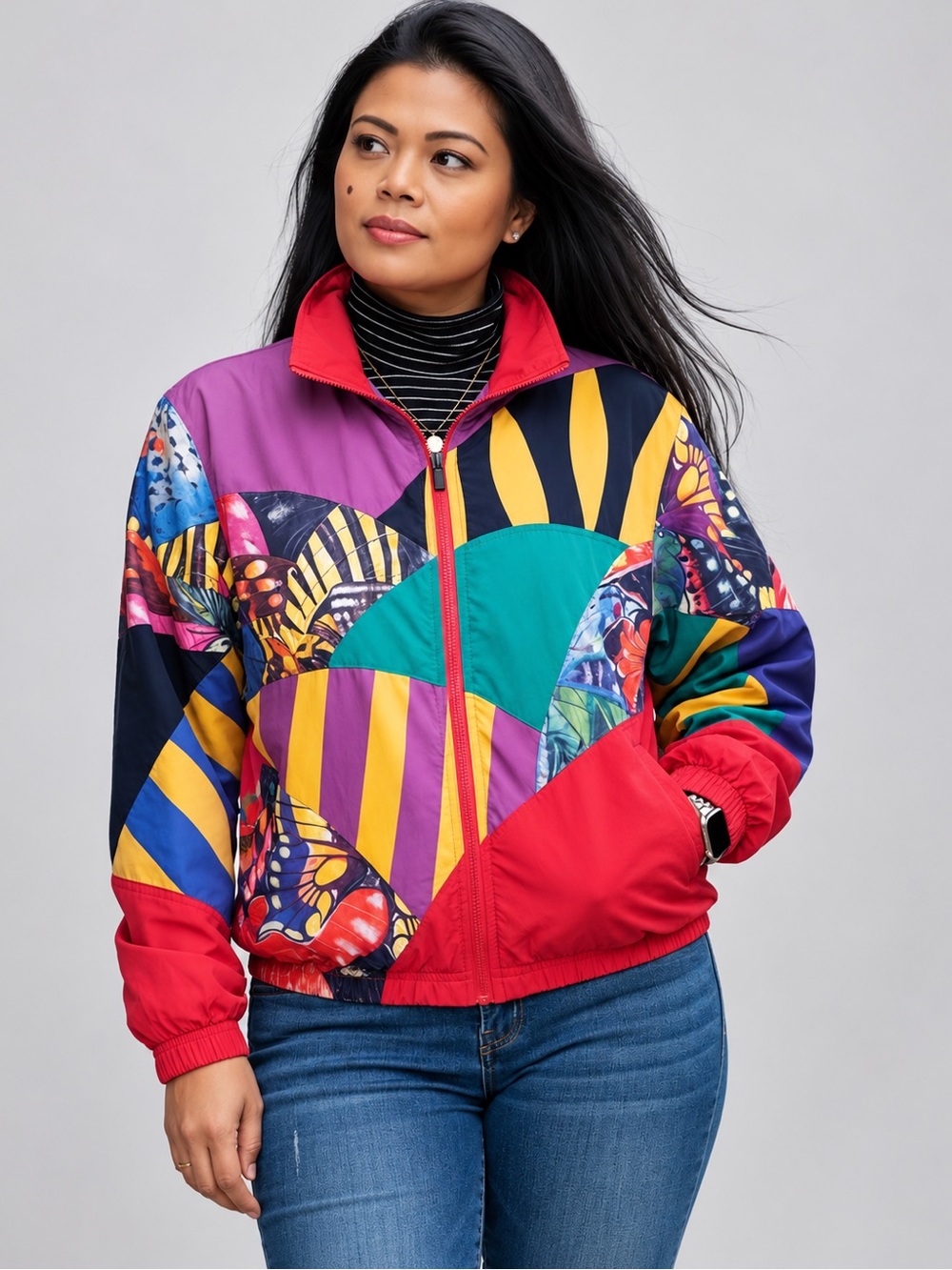 VINTAGE MULTICOLOR BUTTERFLY & GEOMETRIC PRINT HEAD WINDBREAKER SIZE S